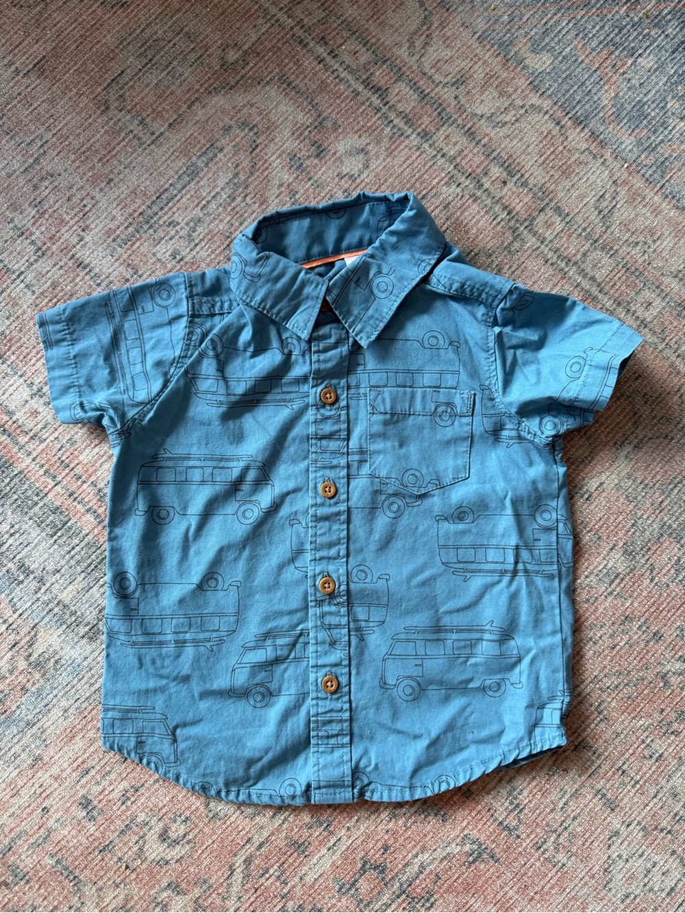 Boys 18 Mos- Blue Short-Sleeve Button-Up Shirt with Camper Print